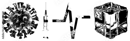 Virus illustration with proteins, medical syringe for injection, EKG heartbeat, and textured ice cube all rendered in halftone style, ideal for health, medical, or cold theme designs.