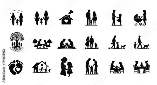 Family and relationships icons set black silhouettes on white background people love home tree dog parenting