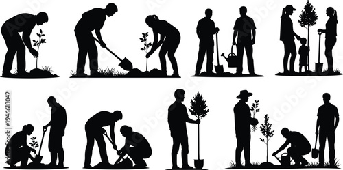 Silhouette people planting trees and plants together, teamwork in environmental conservation, children and adults gardening, eco-friendly lifestyle,