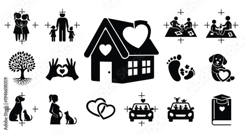 Black and white heart icons for love and family concepts on a white background