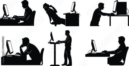 Silhouette people using desktop computers in different postures, office ergonomics, standing desk, workplace productivity, technology lifestyle, digital work, business illustration concept