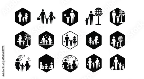 Black and white family icons set with people in various relationships and activities on hexagonal shapes