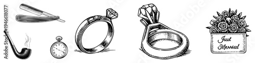 Classic shaving razor, antique pocket watch, diamond engagement rings, bouquet with “Just Married” sign timeless symbols of tradition, romance, and craftsmanship.