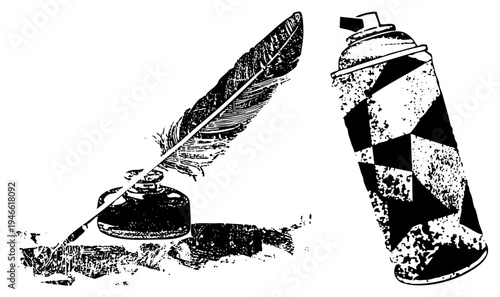 Classic quill pen dipping into inkwell beside modern spray can, vintage vs. contemporary art tools, artistic, black and white vector illustration.