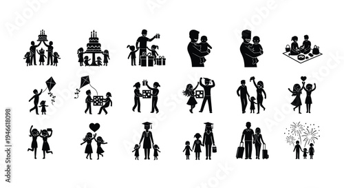 Collection of black silhouettes depicting various human relationships and activities on white background