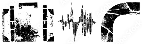 Fragmented black shapes with grainy texture, halftone dots, glitch art style, vector graphic, isolated design elements, digital distortion, graphic design asset.