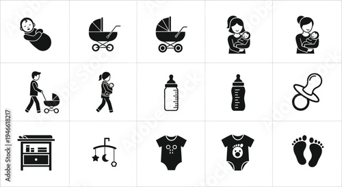 Baby care icons set including stroller bottle pacifier onesie and baby feet black and white illustrations for parenting and childcare concepts
