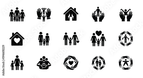 Black silhouettes of people family and heart icons for love care and support on white background