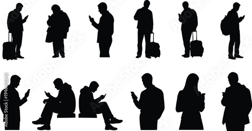 Silhouettes of people using mobile phones in everyday poses, vector illustration showing technology, communication, lifestyle, digital connectivity, and modern activity concepts