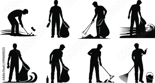 Silhouettes of people cleaning environment, picking trash, holding garbage bags, beach and soil cleanup vector illustration promoting ecology, sustainability, and community responsibility