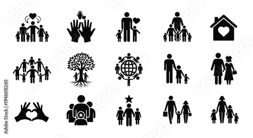 Black family and relationships icons on white background symbolizing love care and unity
