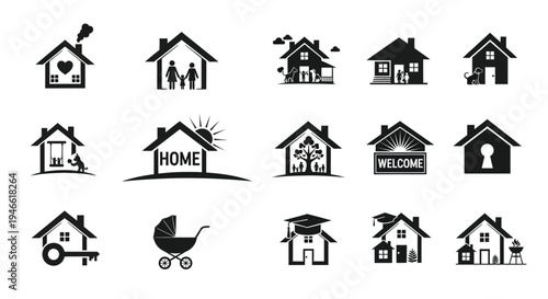 Various house icons with symbols for home family and welcome on white background
