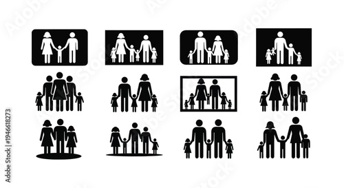 Diverse family structures and relationships illustrated in black and white silhouettes on a clean background