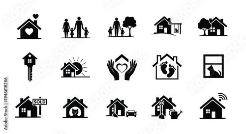 Collection of black and white house icons with people hearts and property symbols on white background