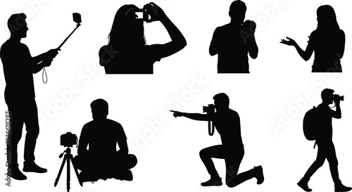Silhouettes of photographers in diverse poses, vector illustration showing camera use, selfie stick, tripod, directing shots, lifestyle, hobby, and creative photography concepts