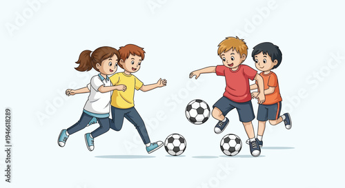 Children playing soccer kids kicking balls youthful energy fun sports activity group play outdoor game youthful fun energetic kids