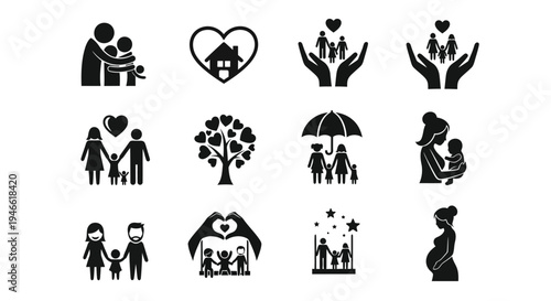 Family and love icons in black on white background symbols of care protection and relationships
