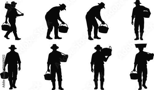 Traditional rural worker silhouettes carrying baskets in various poses, agricultural labor market lifestyle vector illustration, farming harvest transportation concept for culture and economy themes