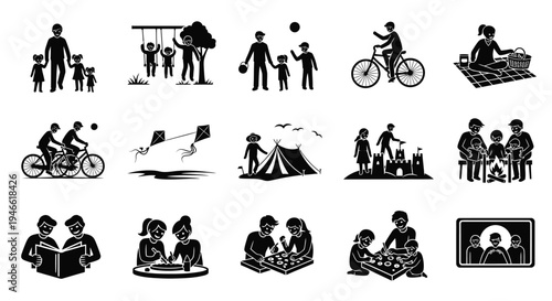 Black and white illustrations of people engaging in various leisure activities family bonding outdoor adventures and hobbies on a clean white background