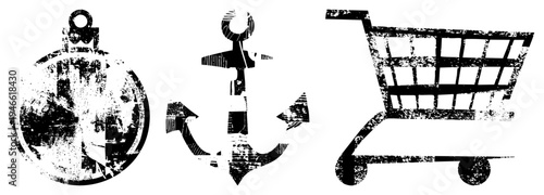 Distressed black vector nautical compass, anchor, shopping cart. Vintage texture,, symbolic design. Nautical, commerce, travel themes.