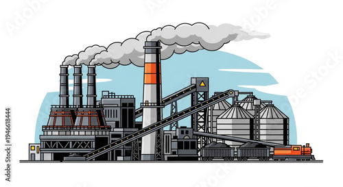 Industrial Factory with Smoke Emitting from Chimneys.