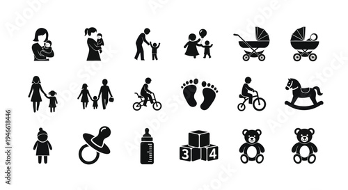 Black icons of baby care parenting and childhood on white background