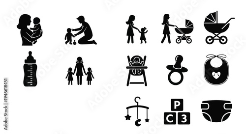 Black icons of baby care and parenting on white background including strollers and bottles