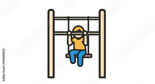 Cartoon Child on Playground Swinging Equipment.