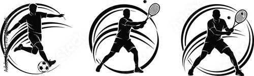 Soccer player silhouette, tennis athlete illustration, dynamic sports motion, black and white design, energetic curves, fitness concept, competitive game art