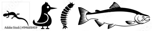 Stylized black vector animals lizard, bird, centipede, salmon, isolated, flat design, wildlife cutouts, animal.