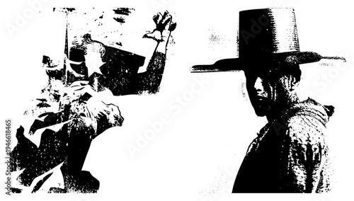 Stylized black and white halftone portraits, one raising arm, other in wide brimmed hat, graphic art, vintage comic style, isolated characters.