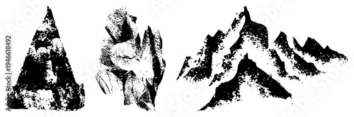 Three stylized mountain forms rendered in halftone texture, vector art, rugged peaks, isolated rock formations, graphic design elements.