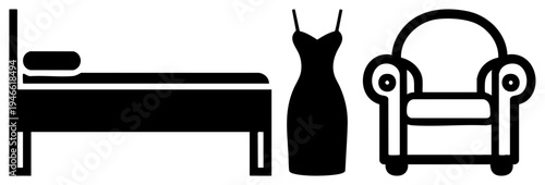 Simplified furniture for bedroom decor, including bed with pillow, evening gown, and classic armchair, rendered in clean art.
