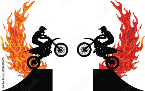 Motocross riders silhouettes, motorcycle stunt illustration, extreme sports vector, ramp jump design, flames background art, adrenaline action graphic, racing performance