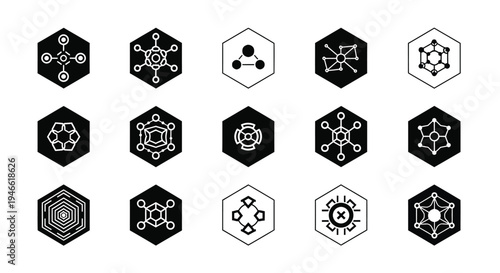 Black and white molecular structure icons set with hexagons on clean background for science and chemistry concepts
