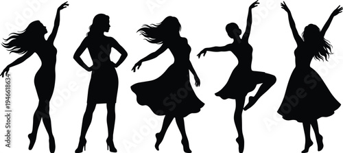 Elegant dancing women silhouette set, female dancers posing in dresses graceful movement black vector isolated illustration collection