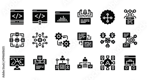 Collection of black coding and business workflow icons on white background for software development and productivity