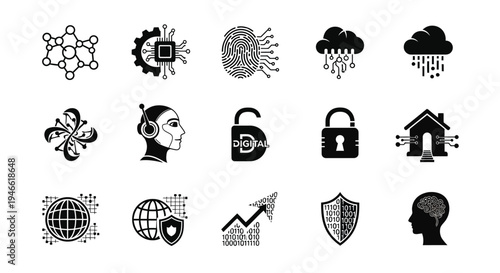 Black icons set for cybersecurity safety and technology on white background