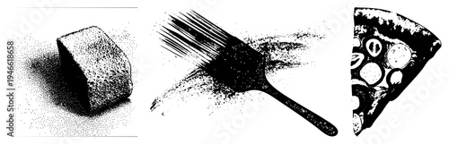 Halftone stylized bread loaf, pizza slice with olives, paintbrush with splatter effect, vector graphic, black and white, artistic rendering.