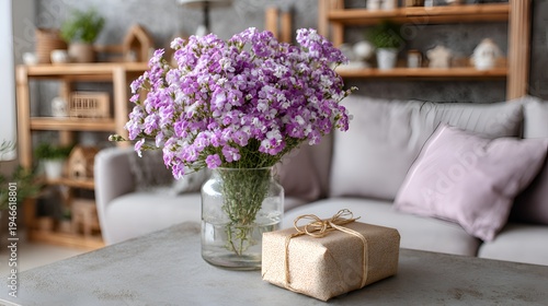 A delightful bouquet of vibrant purple flowers and a neatly wrapped gift sit on a table within a cozy and inviting living room setting now.