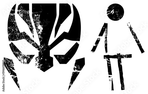 Graphic design elements featuring fragmented geometric and organic shapes, vector art with gritty texture, isolated symbols, modern minimalist aesthetic, ideal for branding or digital interfaces.