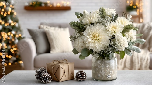 Elegant winter bouquet in glass vase with snowflake design sits near wrapped gift and pinecones in cozy living room with Christmas tree backdrop.