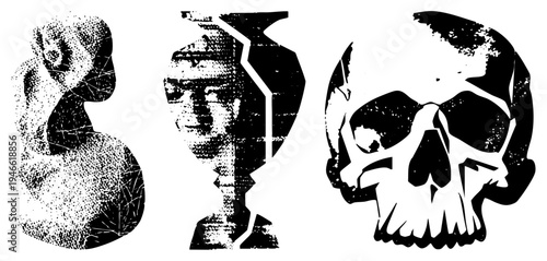 Grungy halftone vector fractured skull, glitched portrait, abstract blob, graphic design, stylized symbols, digital distortion art, bold.