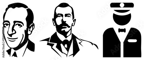 Vintage gentleman portraits in black and white, stylized busts, historical men, formal wear illustrations, classic silhouette art.