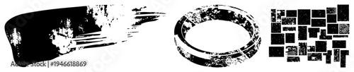 Black and white distressed graphic elements smeared brush strokes, circular ring with grunge, scattered rectangular fragments. Ideal for design, posters, or UI textures.
