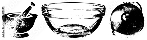 Classic mortar and pestle for grinding spices, clear glass mixing bowl, halftone tomato, kitchen tools, culinary equipment, flat vector design.