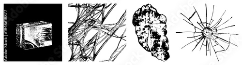 Stylized vector art with intersecting, fractured shapes, and organic textures. High contrast. Ideal for graphic design, print, or digital backgrounds.