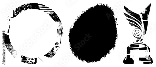 Stylized halftone circles and trophy with distressed edges, vector art, design, graphic illustration, digital art, print ready, isolated elements.