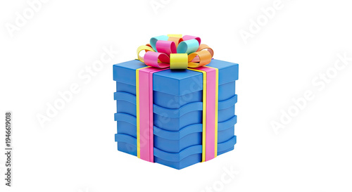 Blue Gift Box with Colorful Bow and Ribbons