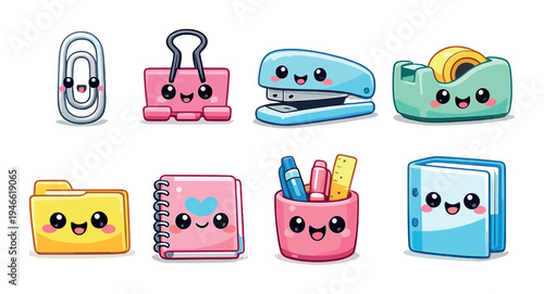 Kawaii stationery icons arranged in rows on dark background